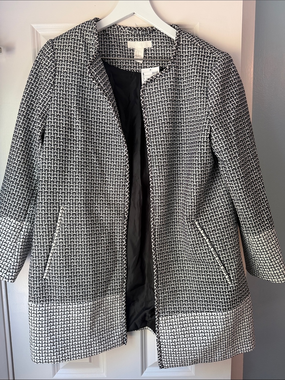 H&M Black and White Tweed Collarless Blazer Jacket
